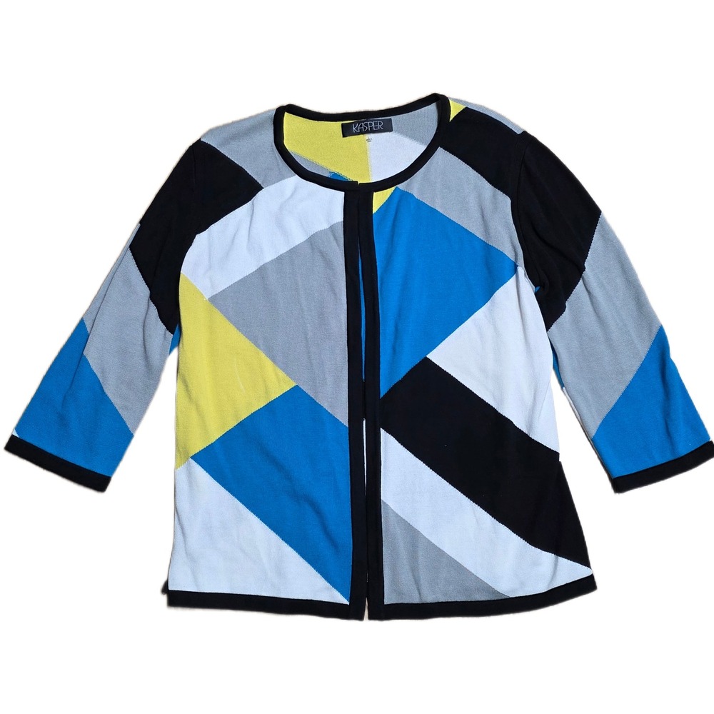 Kasper Women's Colorful Geometric Print Open Front Cardigan Sweater Size L